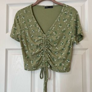 Green Floral Drawstring Ruched Crop Top.